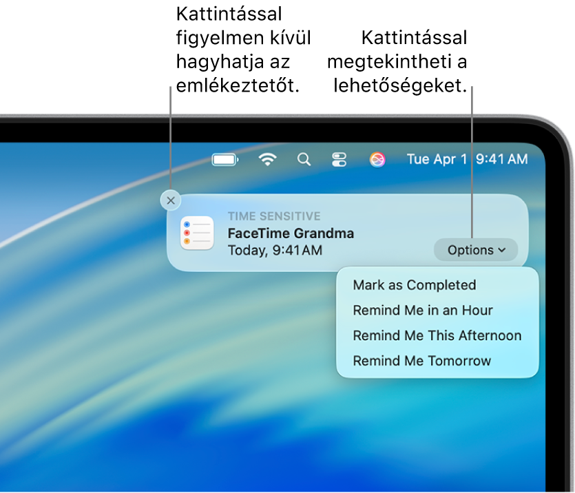 Egy emlékeztetőhöz tartozó értesítés a Befejeződött és Később gombbal.