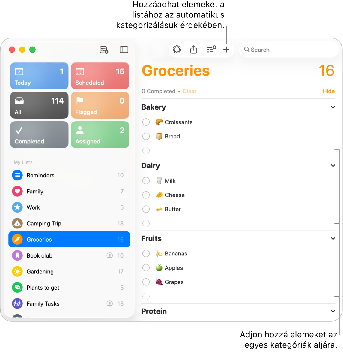 Bevásárlólista három kategóriába sorolt tételekkel. Az egyes kategóriák alján üres mezők találhatók, amelyekhez elemeket adhat hozzá.