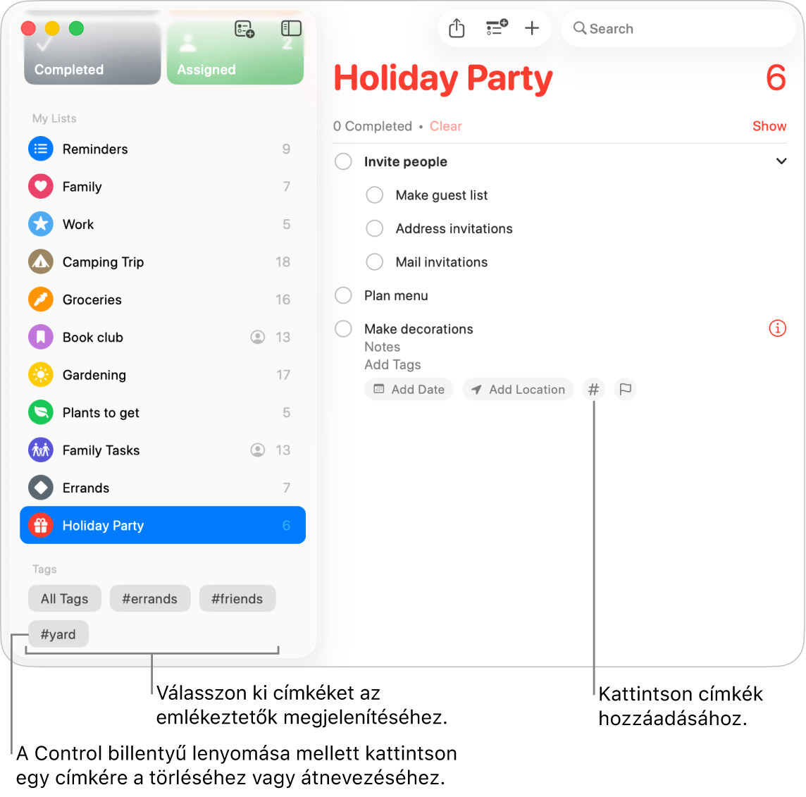 Egy Emlékeztetők-ablak több címkével az oldalsávon, és egy Címkék gombbal rendelkező emlékeztetővel.