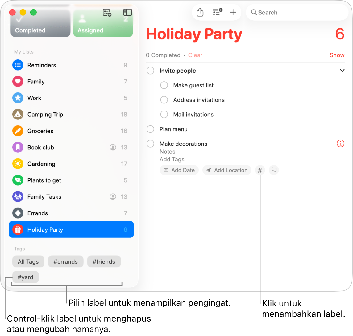 Jendela Pengingat menampilkan beberapa label di bar samping dan pengingat dengan tombol Label.