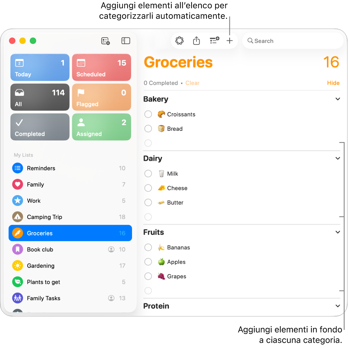 Una lista della spesa con articoli elencati in tre categorie. Ci sono campi vuoti in fondo a ogni categoria per aggiungere elementi.