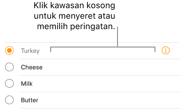 Klik kawasan kosong di sebelah kanan nama peringatan untuk memilih peringatan berkenaan.
