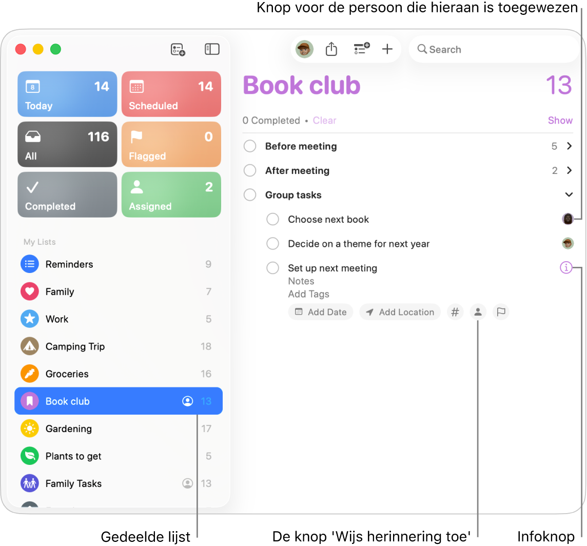 Een Herinneringen-venster met een gedeelde lijst met toegewezen herinneringen.
