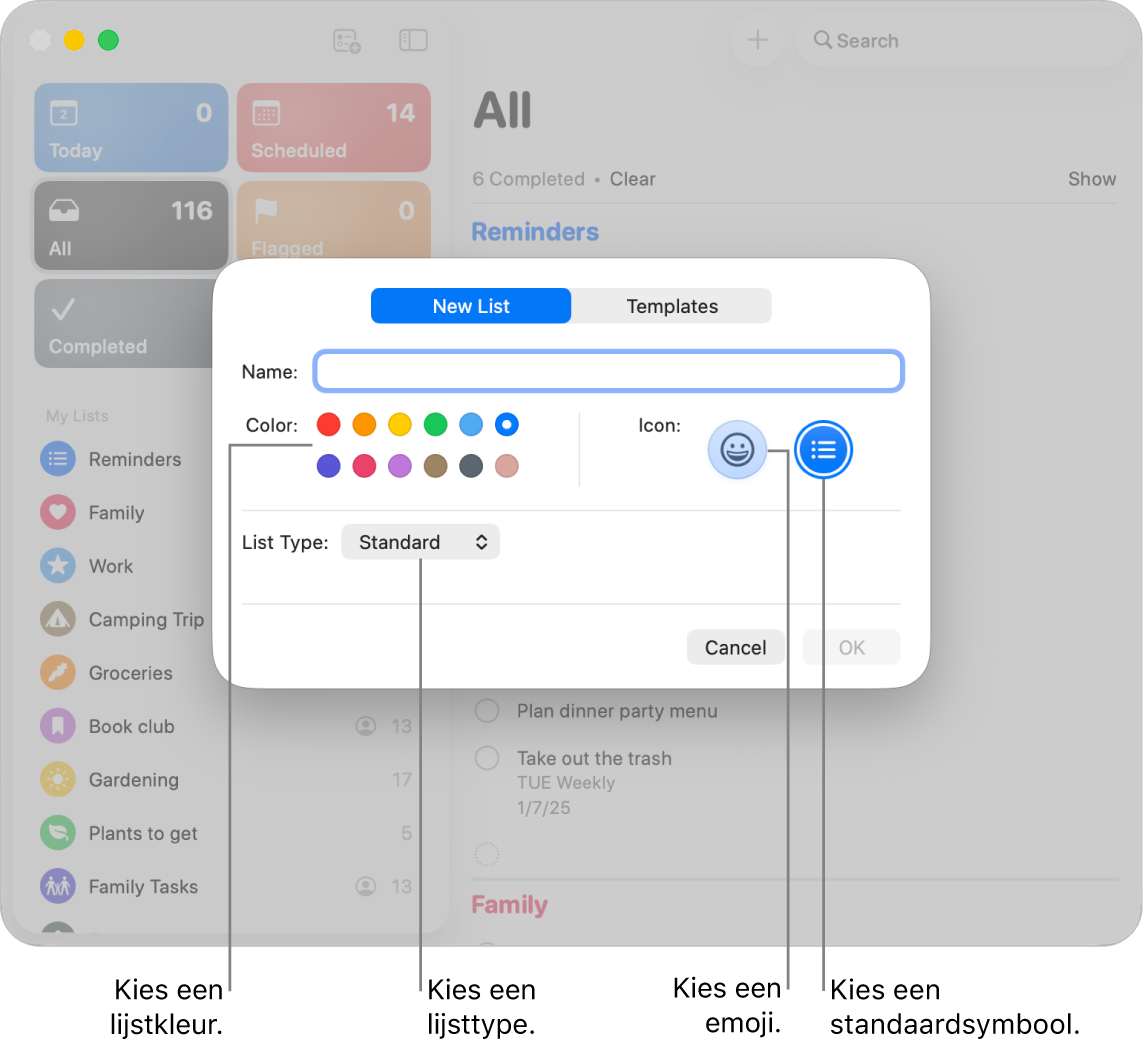 Het Herinneringen-venster met de opties voor een nieuwe lijst.