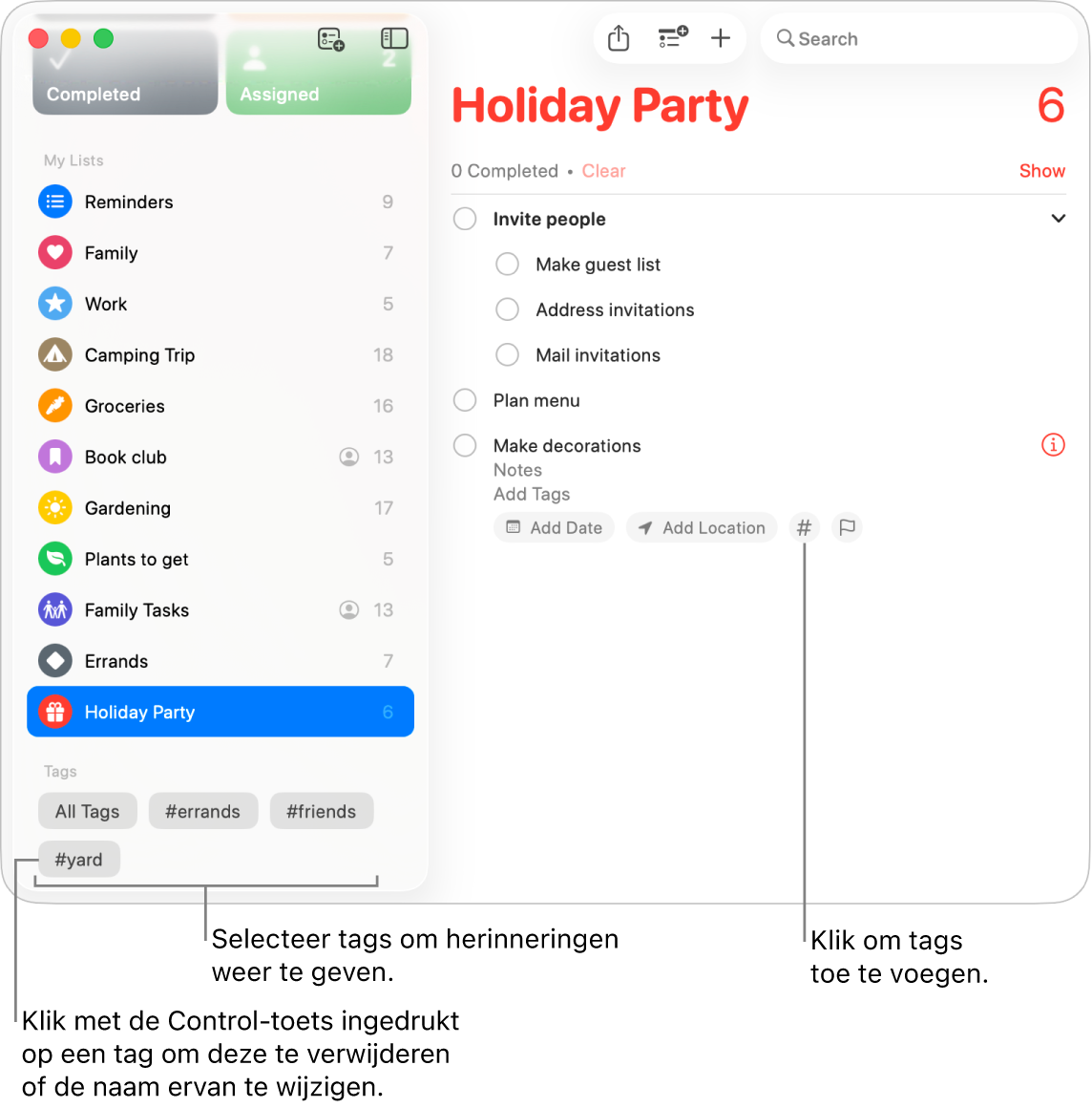 Een Herinneringen-venster met meerdere tags in de navigatiekolom en een herinnering met de knop 'Tags'.