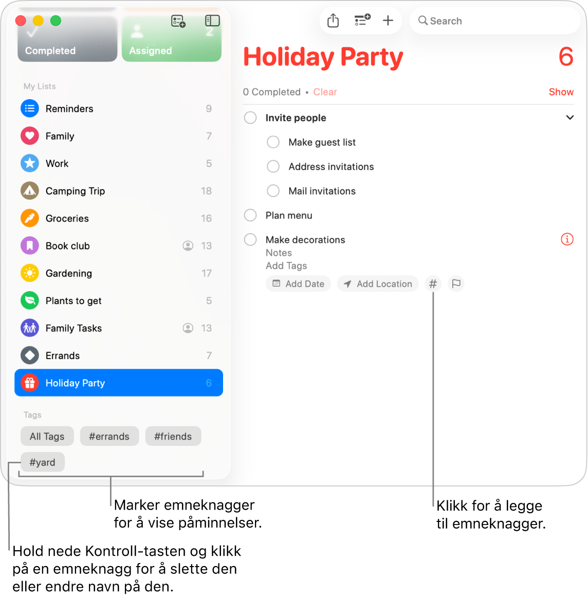 Et Påminnelser-vindu viser flere emneknagger i sidepanelet og en påminnelse med knappen Emneknagger.