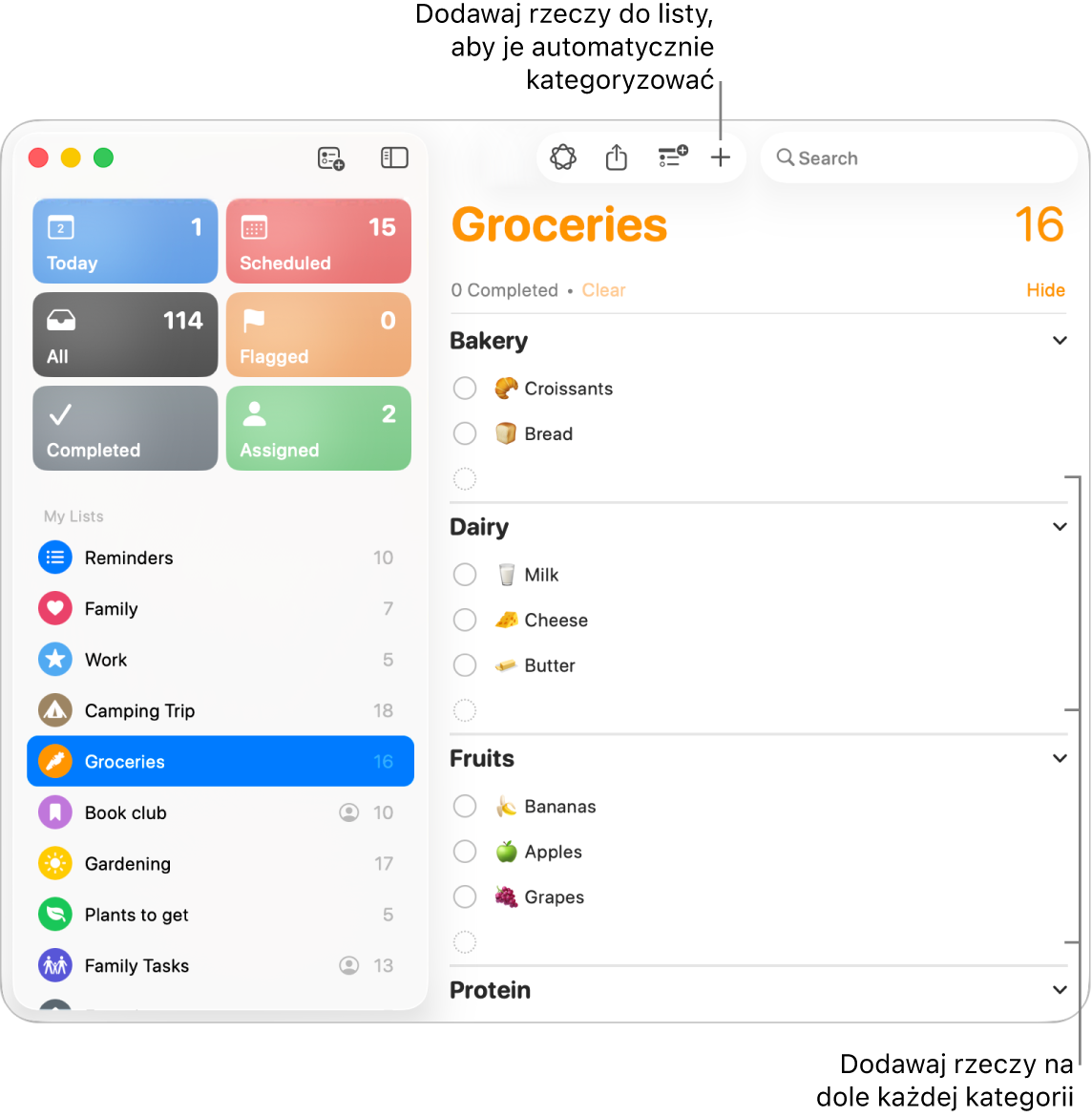 Lista zakupów z rzeczami należącymi do trzech kategorii. Na dole każdej kategorii znajdują się puste pola, w których możesz dodawać rzeczy.