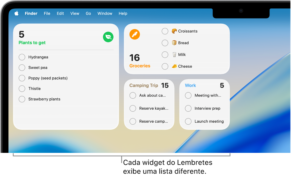 Quatro widgets do app Lembretes na mesa, cada um exibindo uma lista diferente.