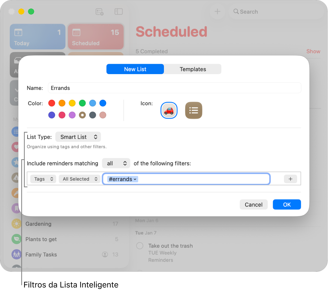 Janela de informações de uma Lista Inteligente personalizada mostrando o menu local de filtros.