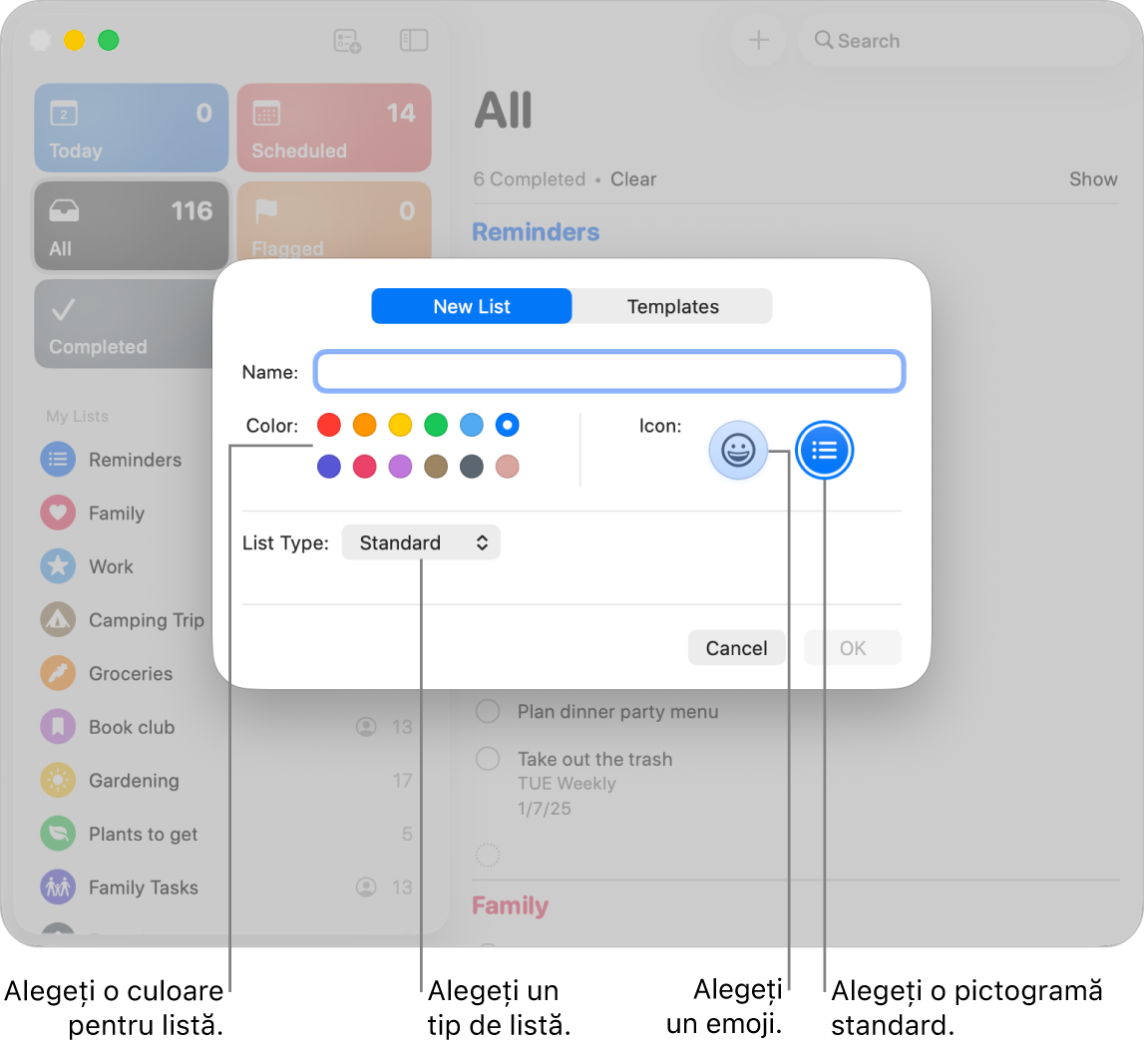 Fereastra Mementouri prezentând opțiunile pentru o listă nouă.