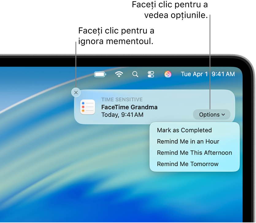 Notificare pentru un memento cu butoanele Finalizat și Mai târziu.