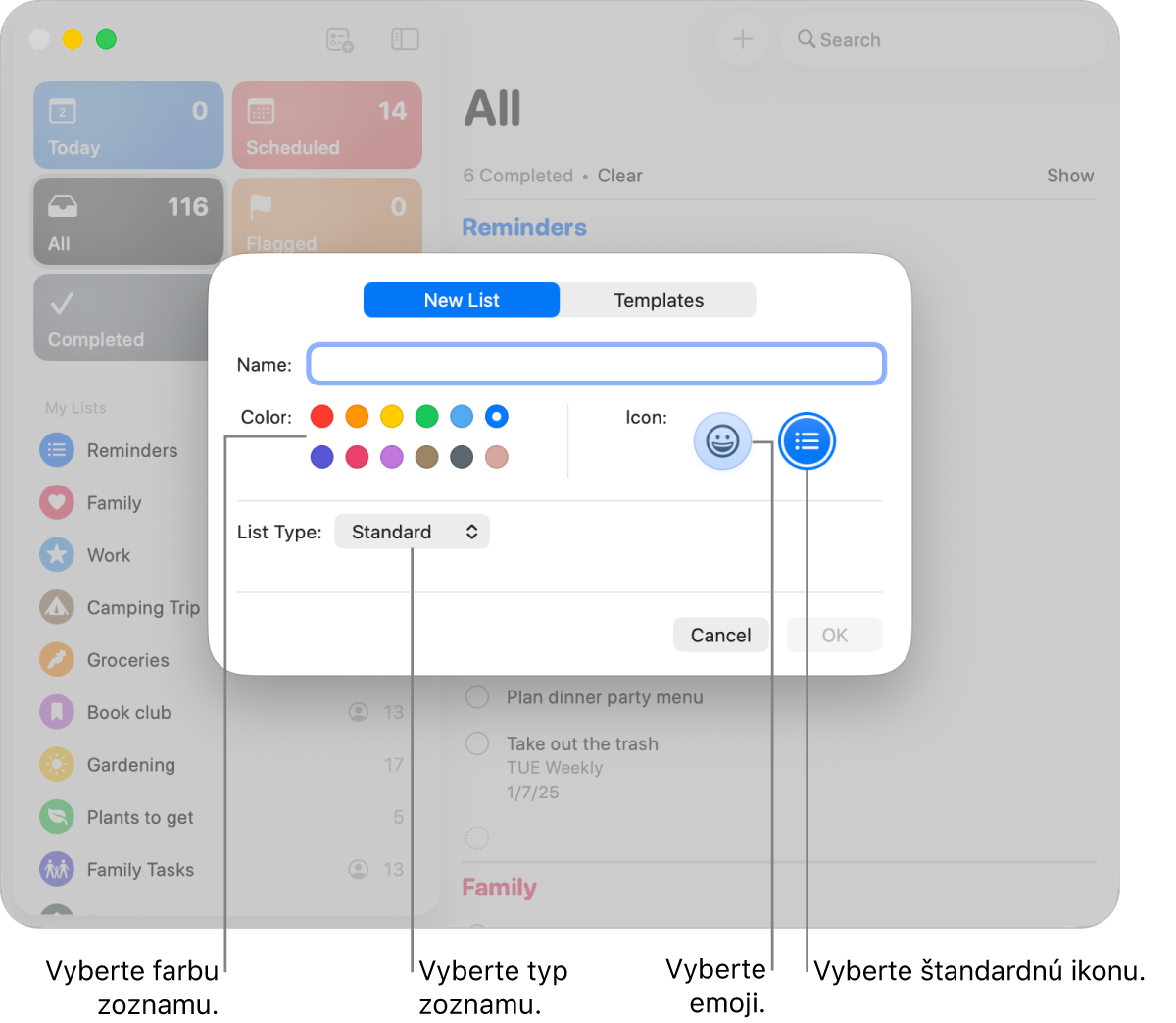 Okno apky Pripomienky zobrazujúce možnosti pre nový zoznam.