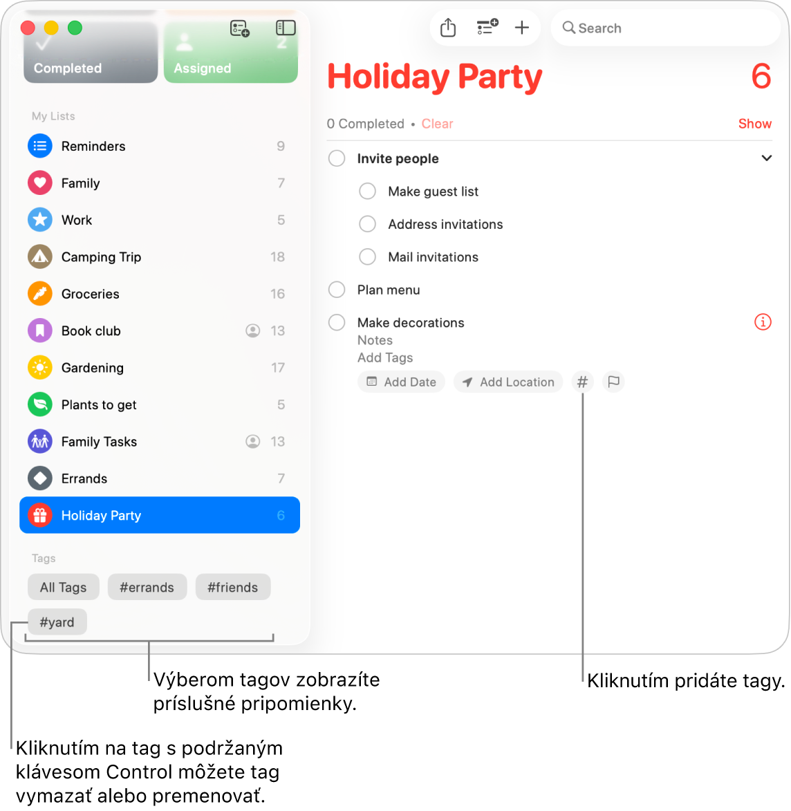 Okno apky Pripomienky zobrazujúce v postrannom paneli niekoľko tagov a pripomienku s tlačidlom Tagy.