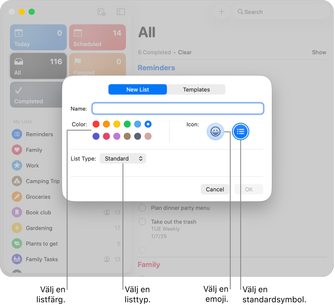 Ett fönster i Påminnelser med alternativ för en ny lista.