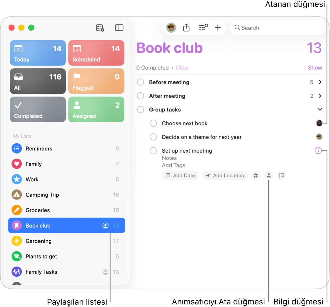 Atanan anımsatıcıları içeren paylaşılan bir listeyi gösteren Anımsatıcılar penceresi.