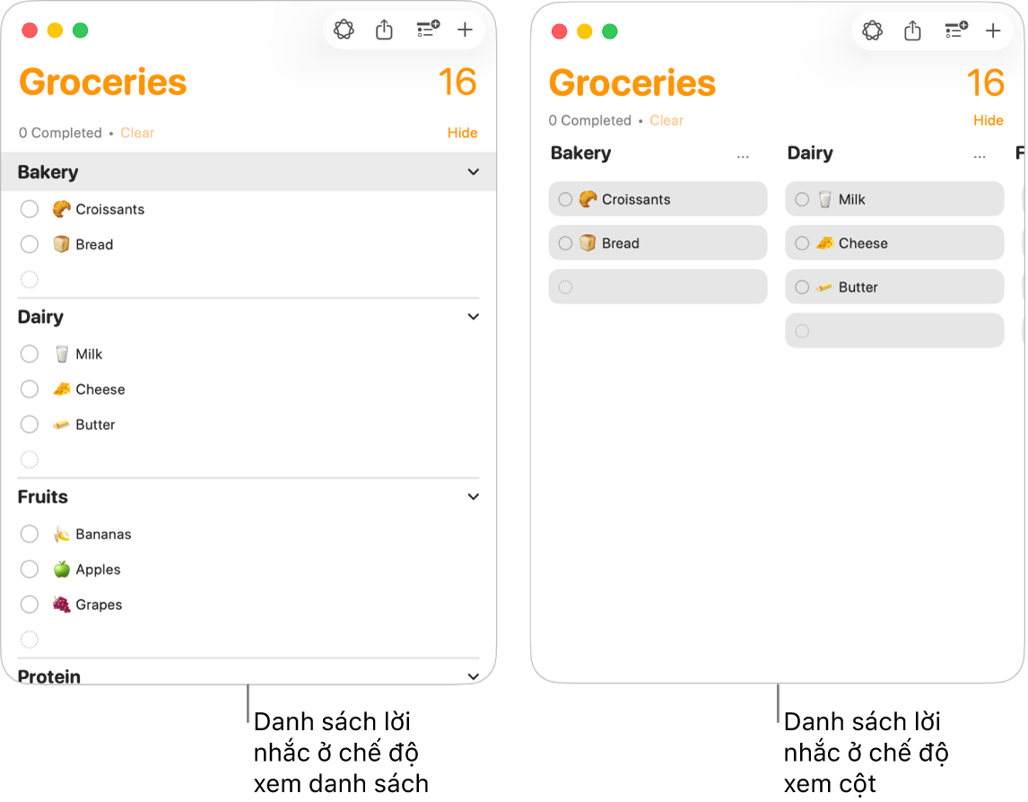 Ở bên trái, một danh sách lời nhắc được xem dưới dạng danh sách được hiển thị; ở bên phải, danh sách lời nhắc đó được xem dưới dạng cột được hiển thị. Danh sách lời nhắc có ba phần; các tiêu đề phần được sử dụng cho các đề mục cột.