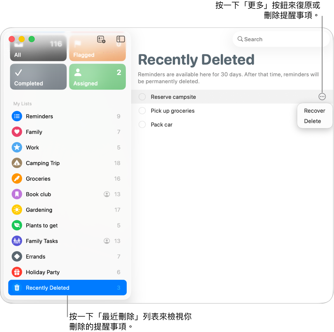 「提醒事項」視窗顯示側邊欄中選取的「最近刪除」列表,以及提醒事項的「更多」按鈕顯示「回復」或「刪除」的選項。