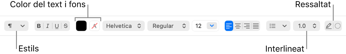 Barra d’eines del TextEdit per a un document de text enriquit, on es mostren el tipus de lletra i els controls d’alineació i d’espaiat del text.
