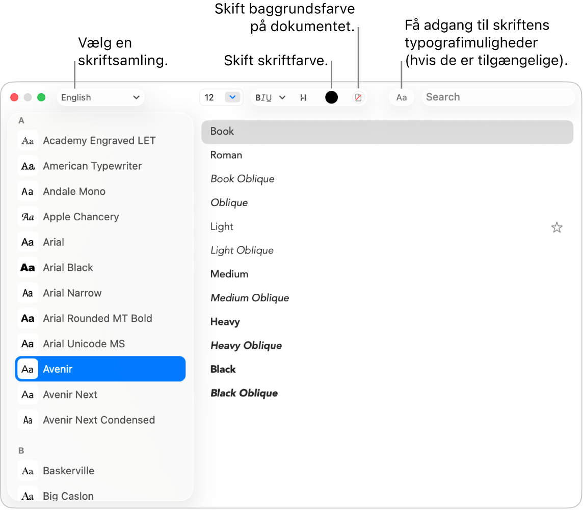 Vinduet Skrifttyper i TextEdit, der viser en skriftfamilie.
