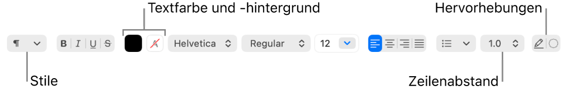 Die TextEdit-Symbolleiste für ein Textdokument mit formatiertem Text mit Schrift- und Textausrichtung und Absatzsteuerelementen