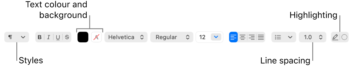 The TextEdit toolbar for a rich text document, showing the font and text alignment and spacing controls.