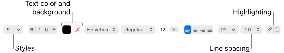 The TextEdit toolbar for a rich text document, showing the font and text alignment and spacing controls.
