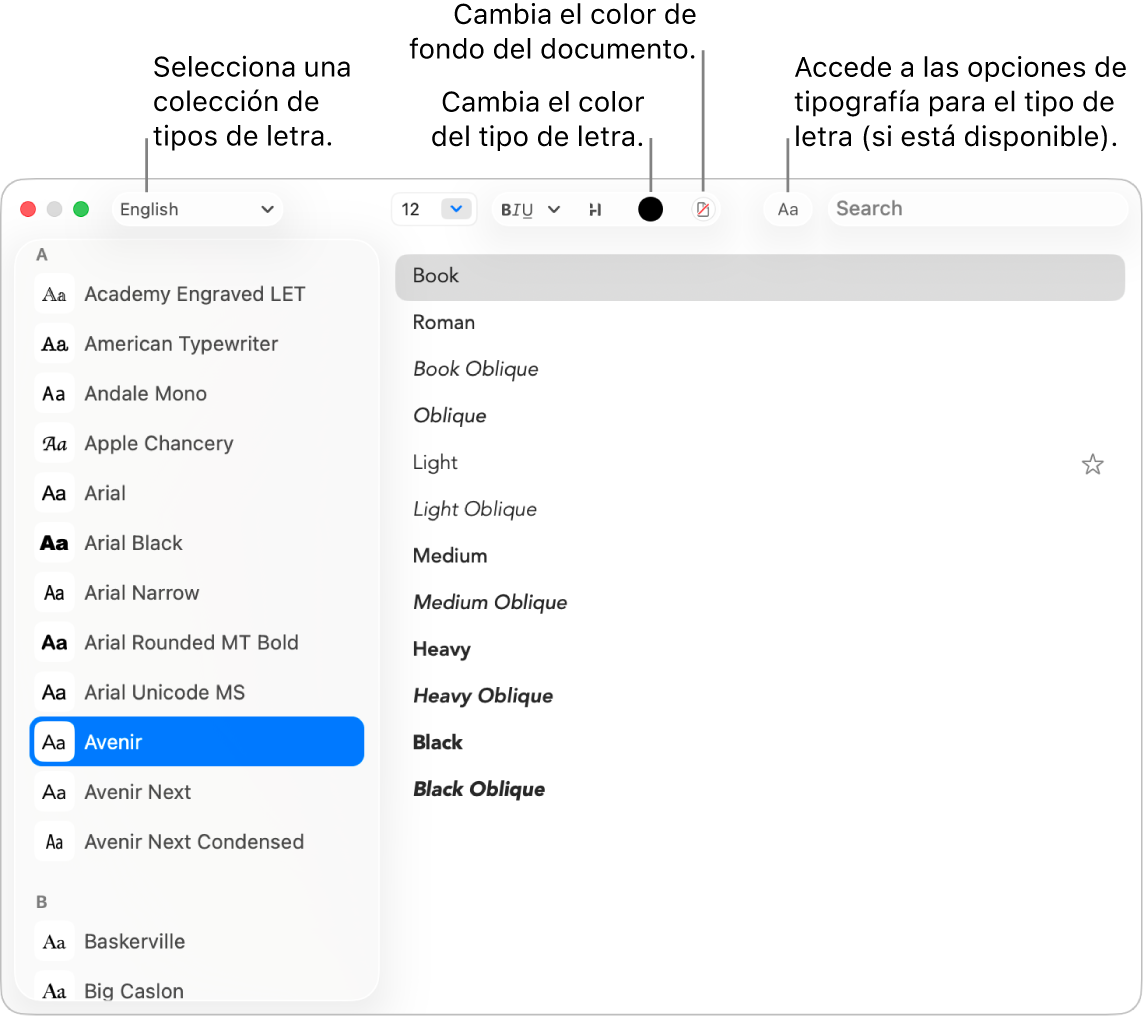 La ventana “Tipos de letra” de TextEdit muestra una familia tipográfica.