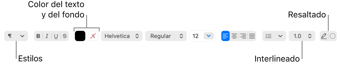 La barra de herramientas de TextEdit para un documento de texto enriquecido, con el tipo de fuente y los controles de espaciado y alineación del texto.