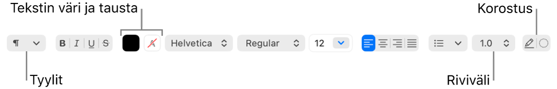 TeXturin työkalupalkki RTF-dokumentille, jossa näkyvät fontin, tekstin tasauksen ja rivivälin säätimet.
