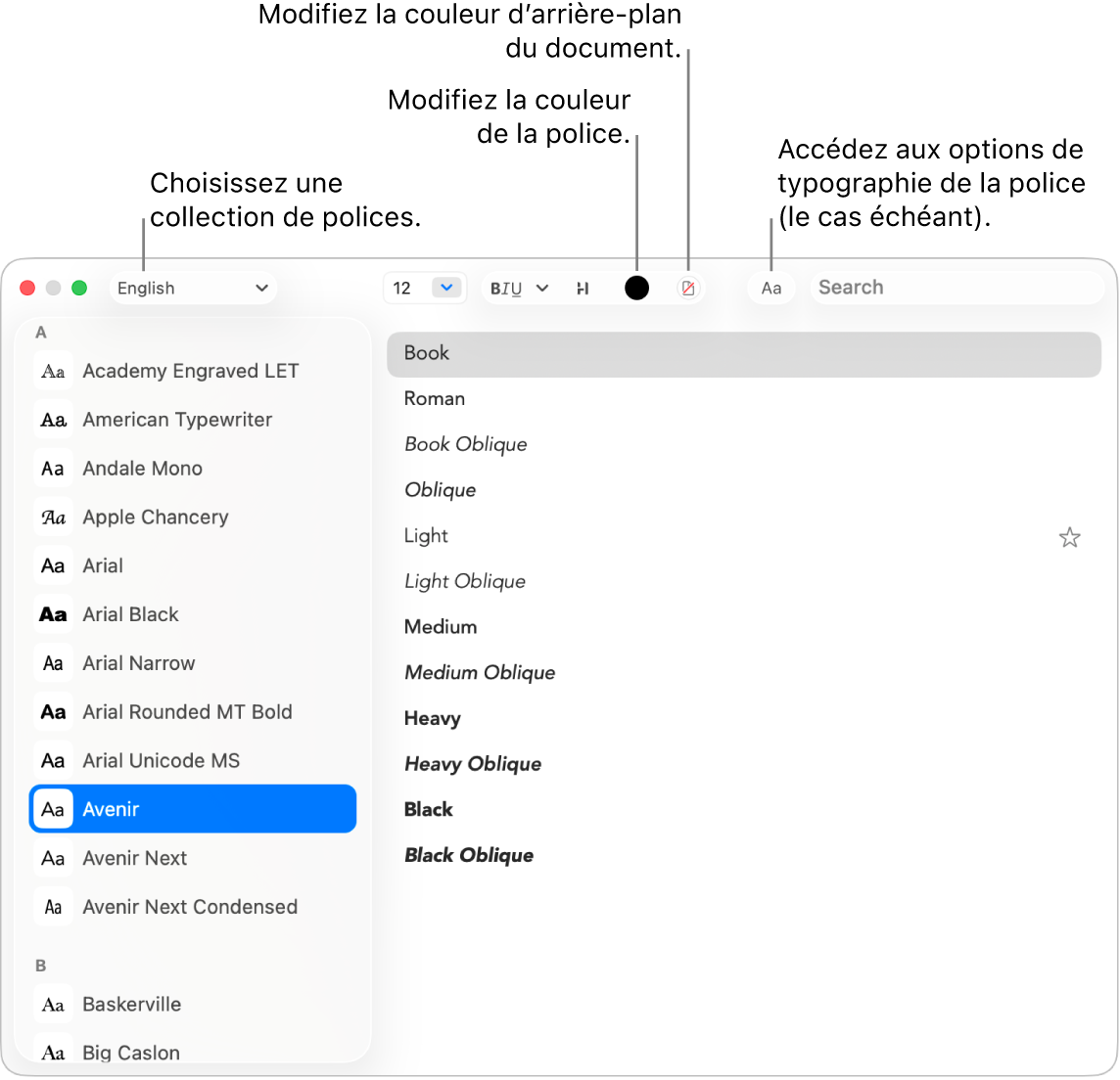 La fenêtre Polices de TextEdit affichant une famille de polices.