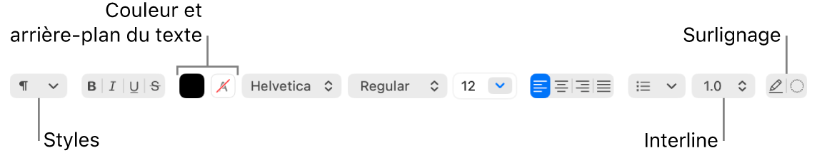 Barre d’outils de TextEdit pour un document RTF, présentant les commandes de police, d’alignement et d’espacement du texte.