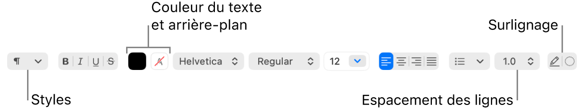 Barre d’outils de TextEdit pour un document RTF, présentant les commandes de police, d’alignement et d’espacement du texte.