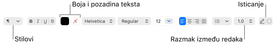 Alatna traka TextEdit za dokument bogatog teksta prikazuje poravnanje fonta i teksta i kontrole razmaka.