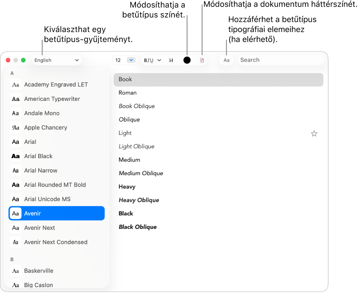 A Szövegszerkesztő Betűtípusok ablakában egy betűcsalád látható.