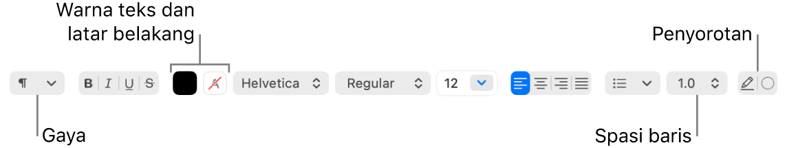 Bar alat TextEdit untuk dokumen teks kaya, menampilkan font dan perataan teks serta kontrol spasi.