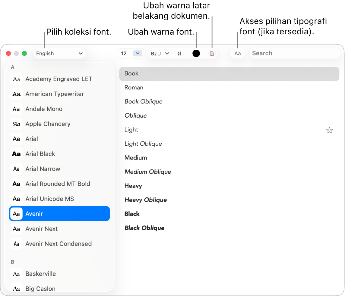 Jendela Font TextEdit yang menampilkan satu kumpulan font.