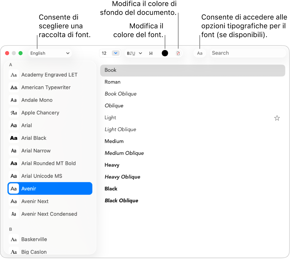 La finestra Font di TextEdit che mostra una famiglia di font.