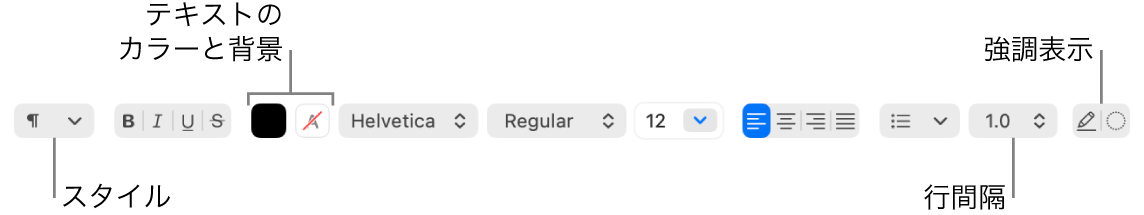 フォント、テキストの配置、間隔などのコントロールが表示された、リッチテキスト書類用のテキストエディットのツールバー。