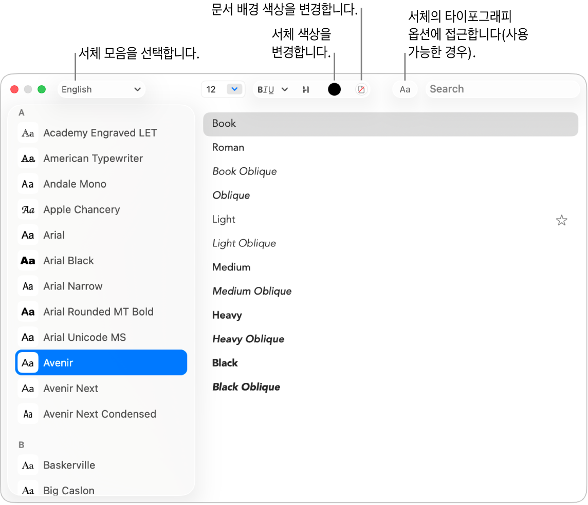서체 목록이 표시된 텍스트 편집기 서체 윈도우.