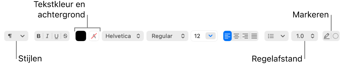 De knoppenbalk van Teksteditor voor een RTF-document met daarin regelaars voor het lettertype, de tekstuitlijning en de afstand.
