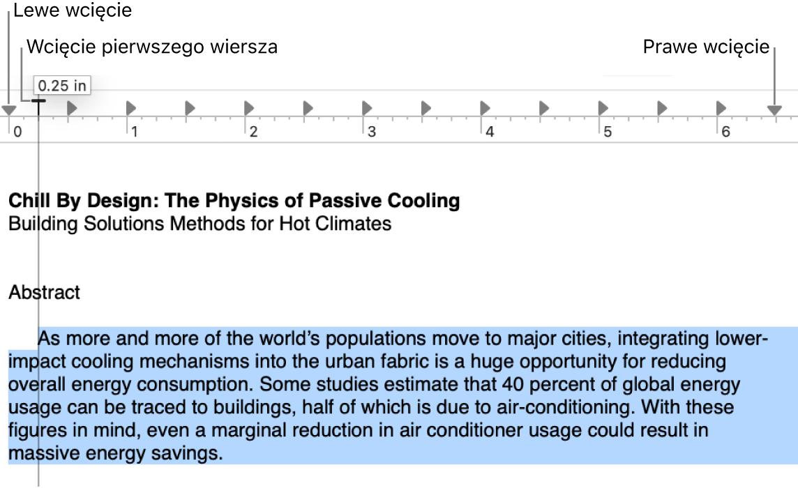 Linijka wyświetlająca znaczniki wcięć akapitu.