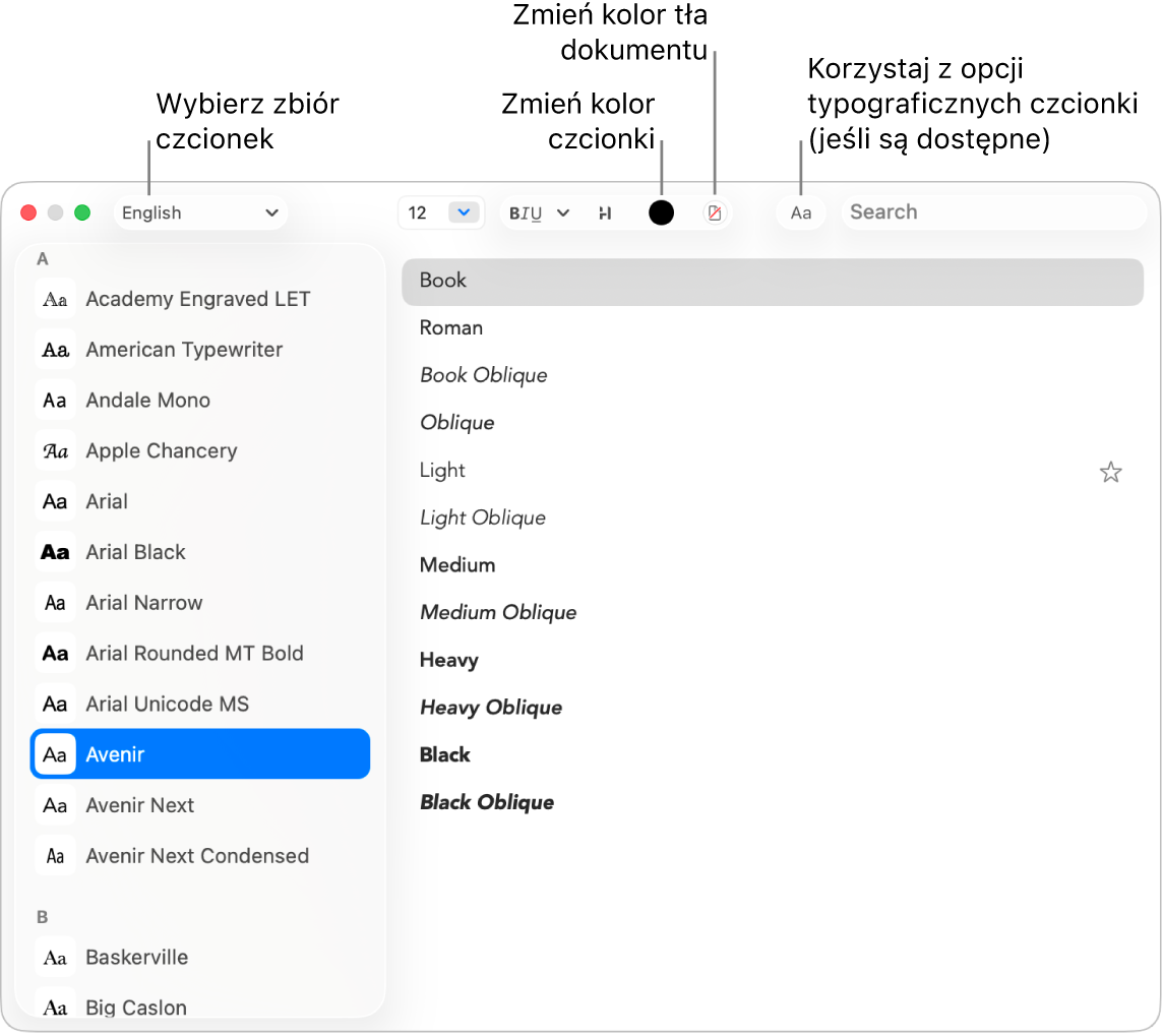 Okno Czcionki aplikacji TextEdit wyświetlające rodzinę czcionek.
