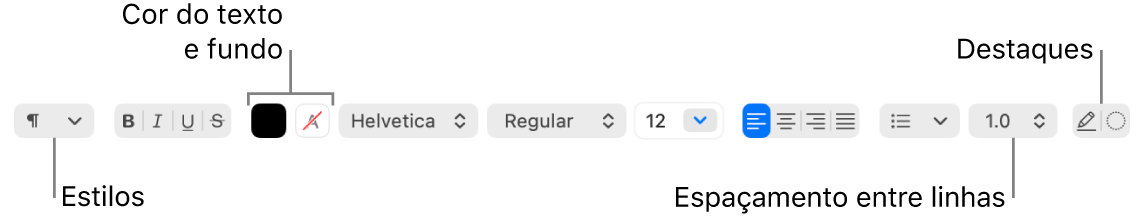 Barra de ferramentas do Editor de Texto em um documento RTF mostrando os controles de fonte, alinhamento de texto e espaçamento.