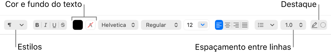 A barra de ferramentas do Editor de Texto de um documento de texto formatado, a mostrar o tipo de letra e os controlos de alinhamento e espaçamento de texto.