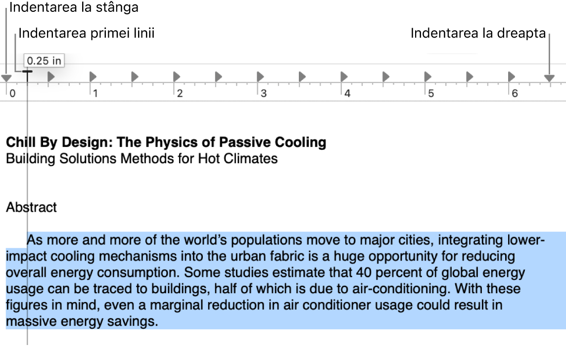 Rigla afișând comenzile de indentare a paragrafelor.
