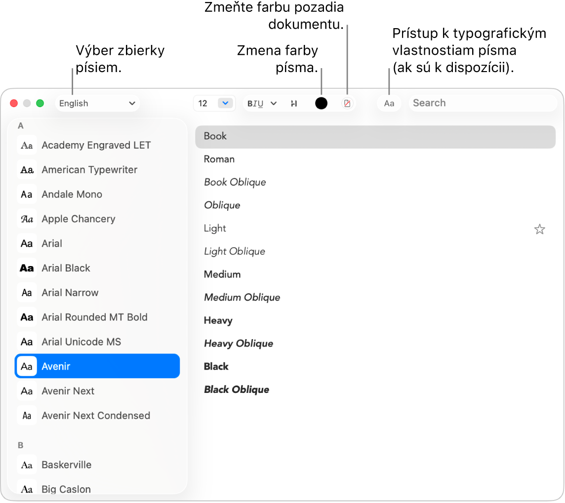 Okno Písma v apke TextEdit zobrazujúce rodinu písiem.