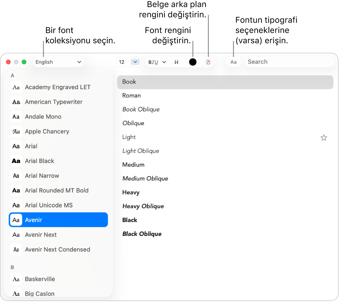 Font ailesini gösteren, TextEdit’teki Fontlar penceresi.