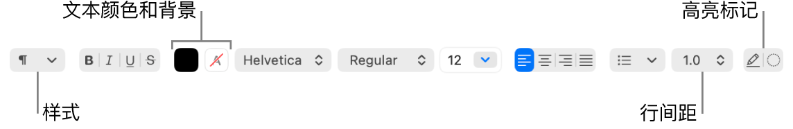 多信息文本文稿的“文本编辑”工具栏，显示字体和文本对齐以及间距控制。