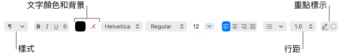 RTF 文件的「文字編輯」工具列，顯示字體、文字對齊和間距控制。