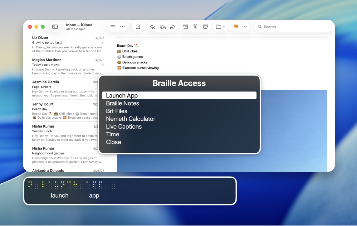 La app Mail está abierta sobre el escritorio. Se muestran el menú Acceso Braille y el panel Braille, el puntero está sobre el comando Abrir app.